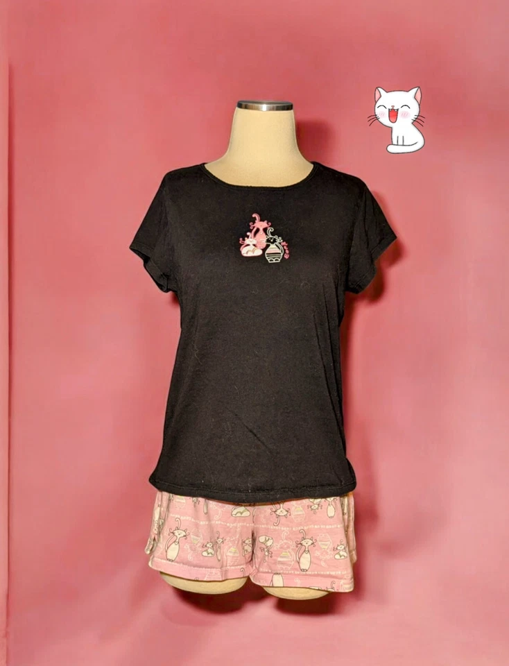 PINK K 2 Piece Pajama Set Black Pink CATS Shorts Top 100% COTTON Juniors Medium  - Image 1 of 4