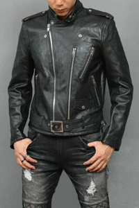 Chaqueta de cuero para hombre piel de cordero genuina cuero negro motociclista chaqueta delgada con cinturón - Imagen 1 de 7