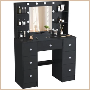 Modern Dressing Table Makeup Desk w/ 7 Drawers & 10 LED lights Mirror Black US - Picture 1 of 11