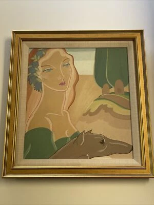 ART DECO PAINTING ANTIQUE GORGEOUS FEMALE MODEL PRETTY WOMN WITH DOG VINTAGE - Image 1 of 4
