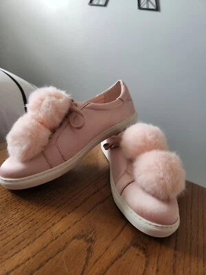 J/SLIDES PINK SATIN WOMENS FAUX FUR POM POM LACE UP SNEAKERS SZ 8 NEW Unique - Image 1 of 4