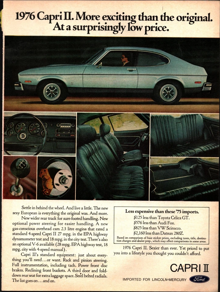 1976 Mercury Capri Ad Blue 2.3 Litros 4 Velocidades Vintage Magazine Advertisement e1 - Imagem 1 de 1