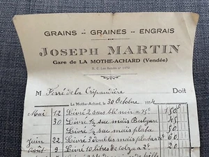 Ancienne Facture Grains Graines Engrais Joseph Martin La Mothe Achard Vendée - Picture 1 of 2