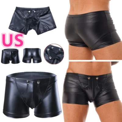 Pantalones cortos de cuero para hombre Calzoncillos de aspecto húmedo Bolsa abultada Botón Ropa interior Foto 1 de 4