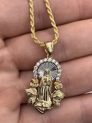 Colgante Virgen María Chapado en Oro Amarillo 14k Real Plata 925 Hip Hop Hombres Damas Circonita cúbica Foto 1 de 4