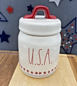 Tarro de cerámica Rae Dunn EE. UU. Patriótico 4 de julio rojo blanco azul estrellas NUEVO - Imagen 1 de 8