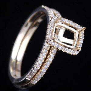 5x7mm Cushion 10K Yellow Gold Semi Mount Setting Engagement Wedding Ring Sets