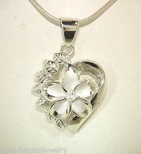 21mm Silver Hawaiian Rhodium Brushed Satin Plumeria Maile Heart Pendant #1 - Picture 1 of 5