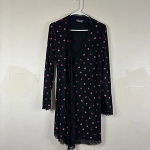 Victorias Secret Black Robe Pink Red Hearts Med/ Large Lace Trim Y2K - Picture 1 of 5