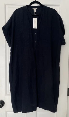 Eileen Fisher Dress XL Puckered Organic Linen Ink Blue Black K/L Lagenlook Check - Image 1 of 4