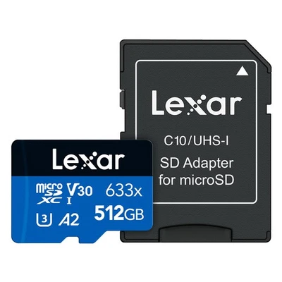 Tarjeta de memoria Lexar serie BLUE alto rendimiento 633x 512 GB microSDXC UHS-I con S Foto 1 de 3