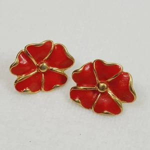 Vintage Sarah Coventry Ohrringe goldfarben rot Emaille Blumen Hartriegel signiert - Bild 1 von 4