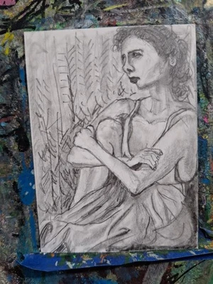 Woman Sitting Crossed Arms Drawing Portrait ACEO ORIGINAL OOAK Graphite Jmg - Image 1 of 4