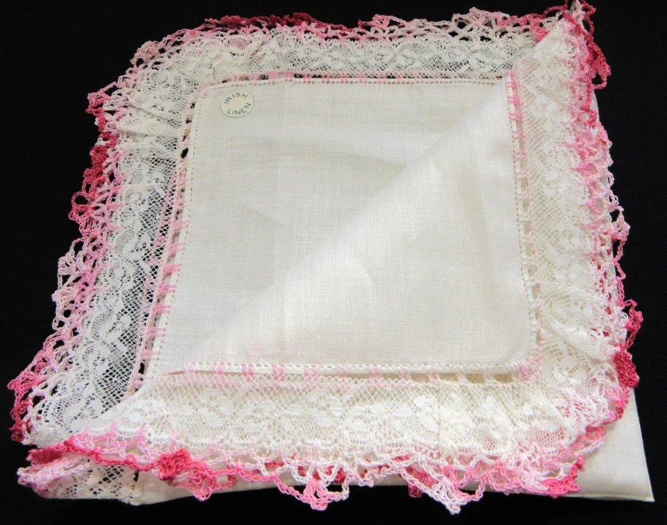 Vintage Hankie Irish Linen Wedding Shades of Pink Crochet Lace Trim 14" X 14" - Image 1 of 4