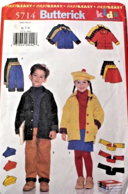 Butterick 5714 Girls Boys Jacket Skirt Pants Hat & Scarf 6-7-8 Sewing Pattern - Image 1 of 2