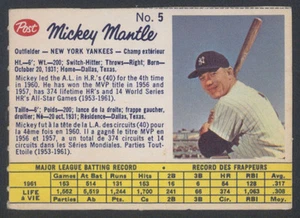 1962 CANADIENSE POST CEREAL ~ #5 ~ MICKEY MANTLE ~ FRONTERAS COMPLETAS ~ 153 ÉXITOS - Imagen 1 de 2