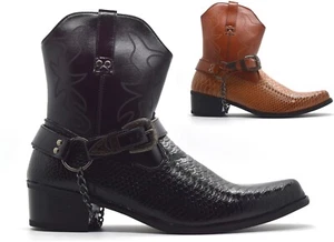 Mens Cowboy Boots Snake Skin Zip Western Cuban Heel Ankle Chain Harnes Size 6-12 - Picture 1 of 23