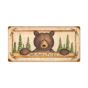 WELCOME FOLKS BROWN BEAR PINE TREE 24" HEAVY DUTY USA MADE METAL HOME DECOR SIGN - Picture 1 of 1