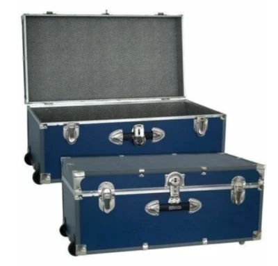 Blue Storage Trunk Wheeled Wooden Footlocker Chest Luggage College Dorm Box 30" - Image 1 of 4