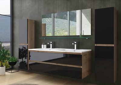 Doppelwaschtisch Schwarz  / Eiche Hochglanz  Doppel Waschbecken Badmöbel Set 120 - Bild 1 von 4