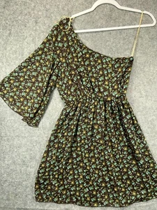 Rue 21 NWT Dress Womens M Medium Green Floral One Shoulder A Line Elastic Waist  - Picture 1 of 8