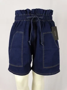 New Women Denim Dark Blue Elastic High Rise Paperbag Drawstring Plus Size Shorts - Picture 1 of 2