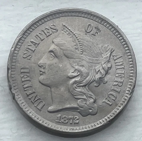 1872 3C Three Cent Nickel AU Damaged Cover