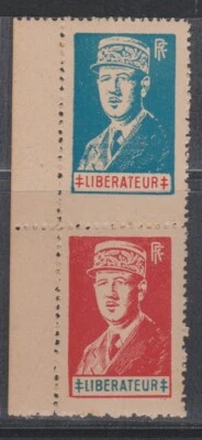 VIGNETTE DE GAULLE LIBERATEUR LYON PAIRE VERTICALE MEYER ROUGE BLEU 5+6 N** 960€ - Photo 1/2
