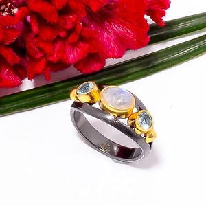 Rainbow Moonstone, Aquamarine Gold Plated 925 Sterling Silver Ring s.7 Sku28 - Picture 1 of 2