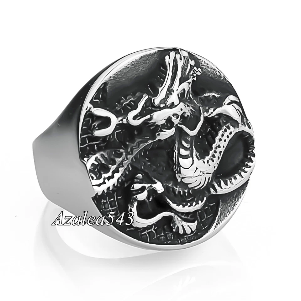 Men's Boy's Large Chinese Dragon Yin Yang Silver Stainless Steel Ring Size 8-13 - Image 1 of 1