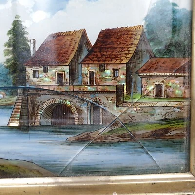 Tableau fixé sous verre incrustation de nacre encadré Paysage XIXème A restaurer - Photo 1/4