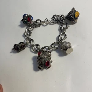 Vintage Silver Etruscan Ornate Jeweled Charm Bracelet With Stones - Picture 1 of 8