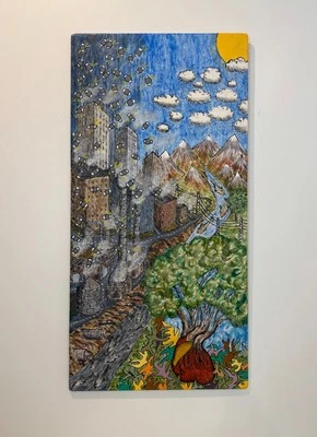 Rooted Divide – Original Surrealist Nature vs Industry Painting on Wood 24x48 - Image 1 of 4