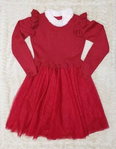 Gymboree Red Holiday Dress Girl's Size 10 Glittery Tulle Skirt, White Fur Trim - Picture 1 of 8