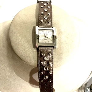 Chico’s Square Wrist Watch Bronze Leather Band Rhinestones - Picture 1 of 7