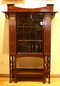 MAGNIFICENT 1900 ENGLISH ART NOUVEAU INLAID MOTHER OF PEARL CABINET - Picture 1 of 9