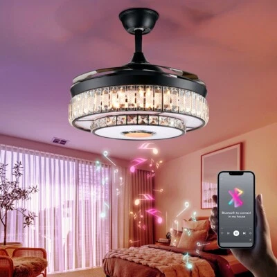 42" Smart LED Chandelier Crystal Ceiling Fan Bluetooth Colorful Light 6 Speeds - Image 1 of 4