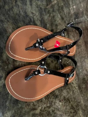 NUEVO Sandalias planas Lauren by Ralph Lauren charol negro arnés 6B Foto 1 de 3