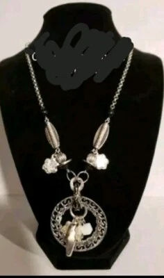 Cherrydale Farms – Silver Circle W Black Flowers Pendant Necklace  - Image 1 of 3