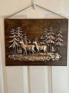Vintage 3D Deer Trees Relief on Wood Hanging Copper Tone Rustic Farmhouse Cabin - Picture 1 of 9