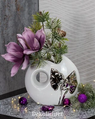 Deko Vase Keramik weiß silber Blumenvase Keramik modern Tischvase 24cm Muster - Bild 1 von 4