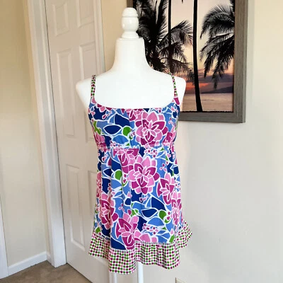 Lilu Tank Top | Spaghetti Strap | Pink & Blue Floral Print | Medium | Y2K - Изображение 1 из 4