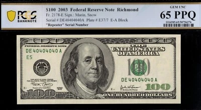 2003 $100 FRN DE40404040A REPEATER P.C.G.S #65PPQ - Image 1 of 3