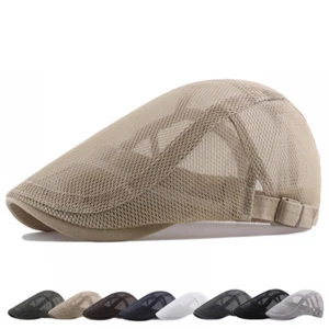 Men Mesh Summer Flat Duckbill Breathable Hollow Hat Adjustable Newsboy Sun Cap - Picture 1 of 13
