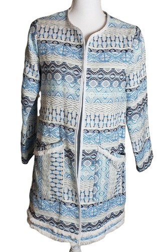 VETEMENTS Giacca Boucle blu avorio ricamata frange aperta davanti taglia small cappotto linea lunga