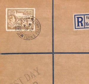 TURKS & CAICOS KGVI 1938 FDC Grand Turk CDS 1s YELLOW-BISTRE First Day CoverYN25 - Picture 1 of 10