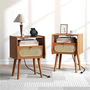 Night Stand Set 2 Modern Nightstands Bedside Table with Charging Station& Rattan - Picture 1 of 7