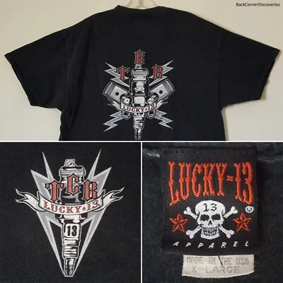 复古 Lucky-13 服装 美国制造 TCB Spark Plug Piston Dice 黑色 XL T 恤 — 第 1/4 张图片