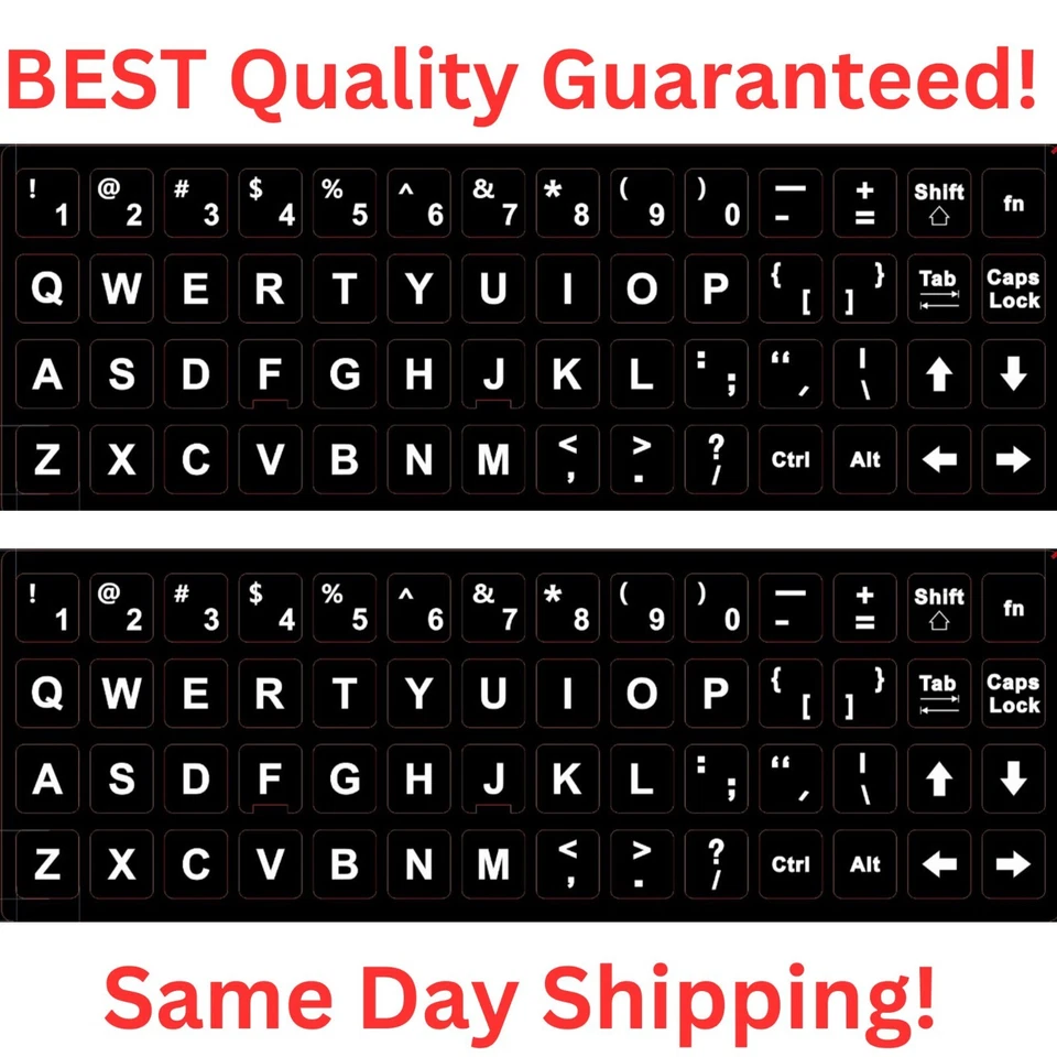 2PCS Universal English Keyboard White Letter on Black Sticker  Computer Laptop - Image 1 of 4