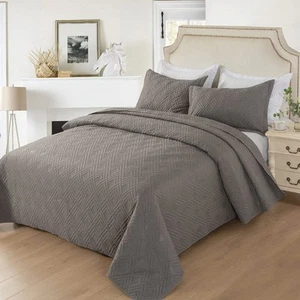 Summer Quilt Set, King Size Dark Grey L Pattern 3 Pieces Quilt Set, Oversized... - Picture 1 of 7